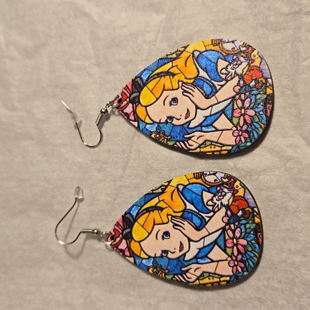 3 /$15 New Alice in Wonderland Wooden Earrings - Picture 2 of 4